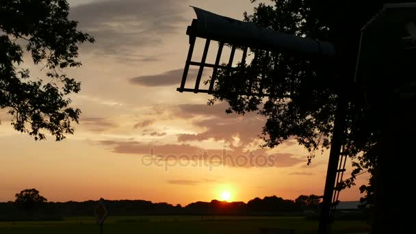 Sonnenuntergang hinter einer kleinen holländischen Windmühle — Stockvideo