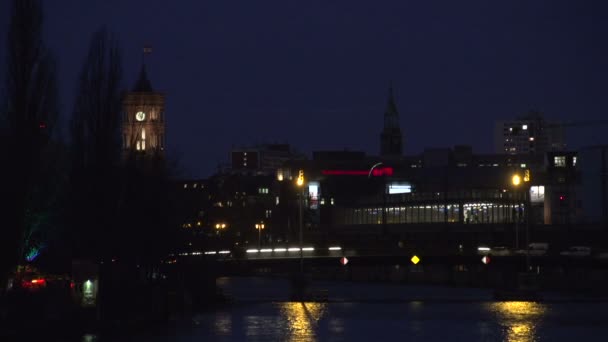 Clocktower at Spree river by night — Stock Video