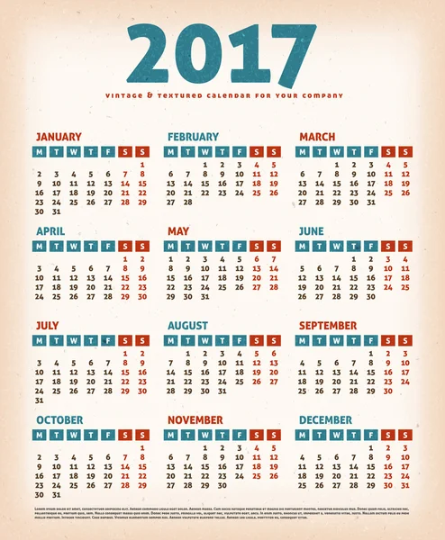 2017 Calendario de diseño vintage — Vector de stock