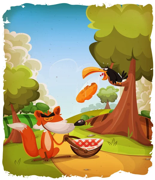 The Crow And The Fox Story Scene — Stock Vector