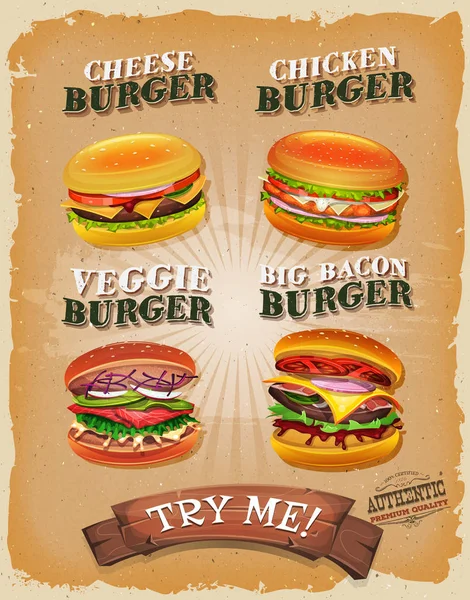 Grunge Dan Burger Vintage Menu - Stok Vektor