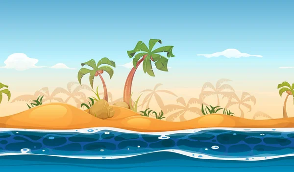 卡通无缝热带海滩与棕榈树 沙子和流动的水 — 图库矢量图片