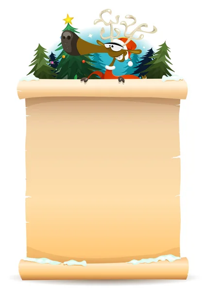 Santa Reindeer Holding Parchment Background — Stock Vector