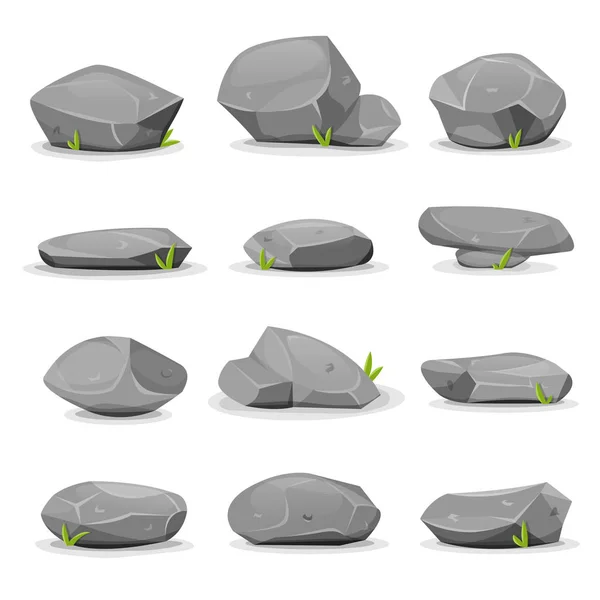 Set Separated Cartoon Boulders Rocks Stones Various Shapes Isolated White — Stock Vector