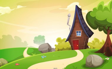 Peri için lider ülke yol ile yatay çizgi film küçük ev