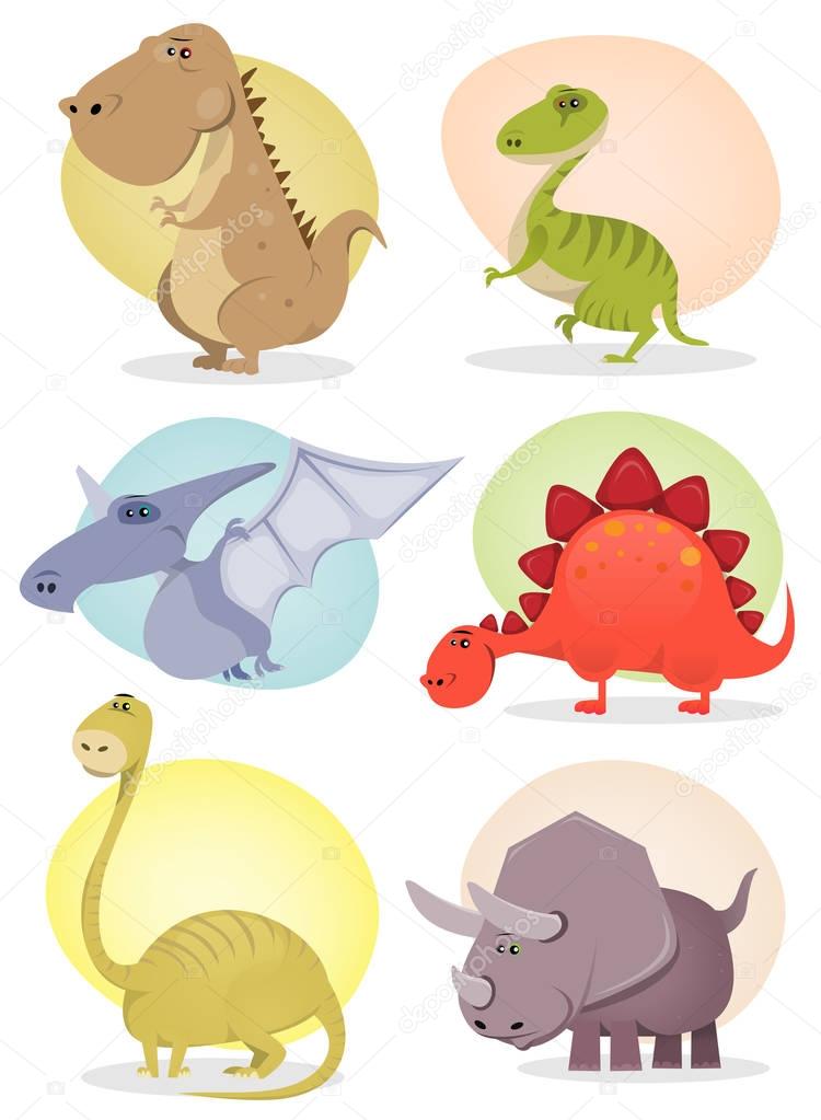 Set of cartoon tiny dinosaurs isolated on white background