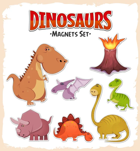 Conjunto Dibujos Animados Pequeños Dinosaurios Pegatinas Con Erupción Del Volcán — Vector de stock