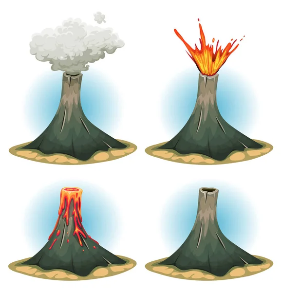 Conjunto Montañas Volcánicas Dibujos Animados Con Diferentes Estados Erupción Humo — Archivo Imágenes Vectoriales