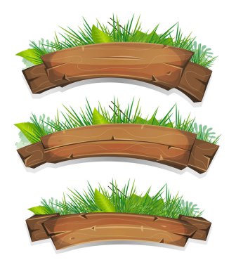 Beyaz arka plan üzerinde izole yeşil yaprakları ile karikatür ahşap afiş kümesi