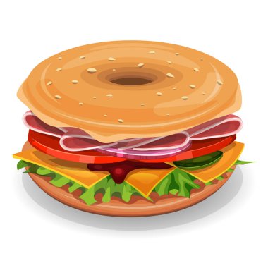 İştah açıcı karikatür lokanta Amerikan simit jambon, domates, soğan, salata yaprakları ve beyaz arka plan üzerinde peynir izole