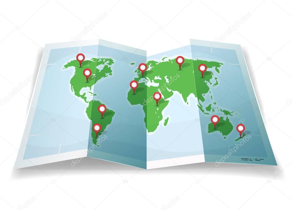 Illustration of a cartoon simple world map with pins and locations