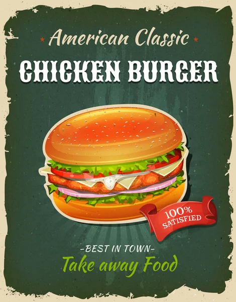 Ilustrace Vintage Designem Grunge Texturou Plakát Ikonou Kuřecí Burger Fast — Stockový vektor