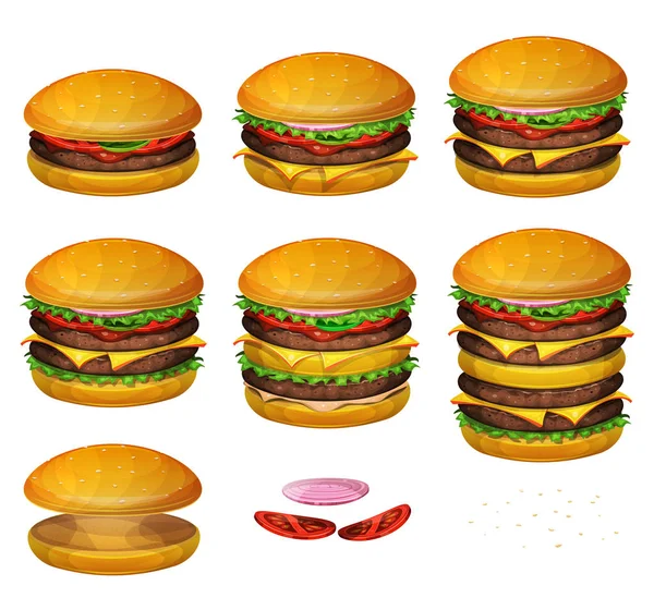 Set Various Sized Burgers Combinations Classic Hamburger Super Giant Burger — Stock Vector