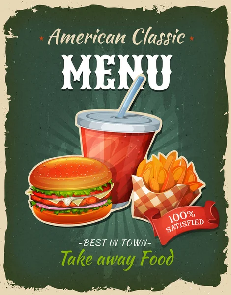 Hamburger Pollo Bevande Patatine Fritte Illustrazione Snack Fast Food Menu — Vettoriale Stock