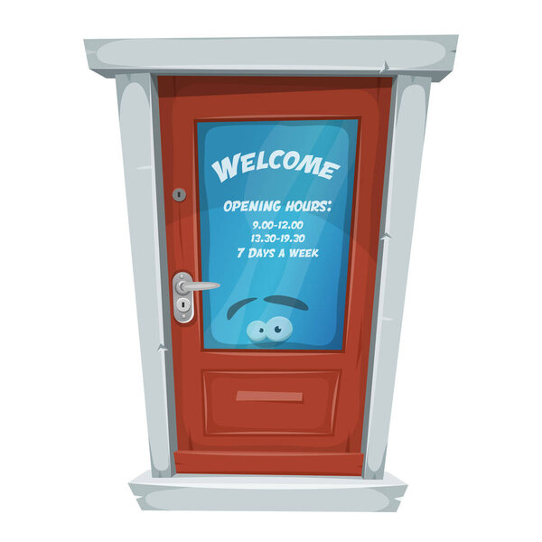 Cartoon entry door closed with welcome message and opening hours on window