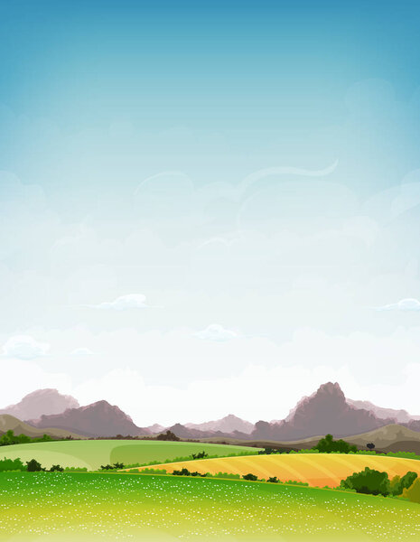 Mountains range, meadows and fields on blue sky background