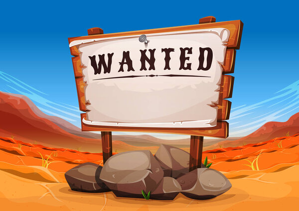 Wide far west desert landscape background with wanted wooden sign