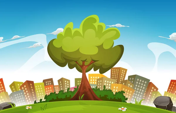 Cartoon Urban Landscape Tree Green Field Skyscrapers Background — Stock Vector