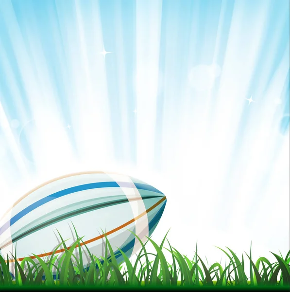 Rugbybal Binnen Gras Met Licht Stralende Hemel — Stockvector