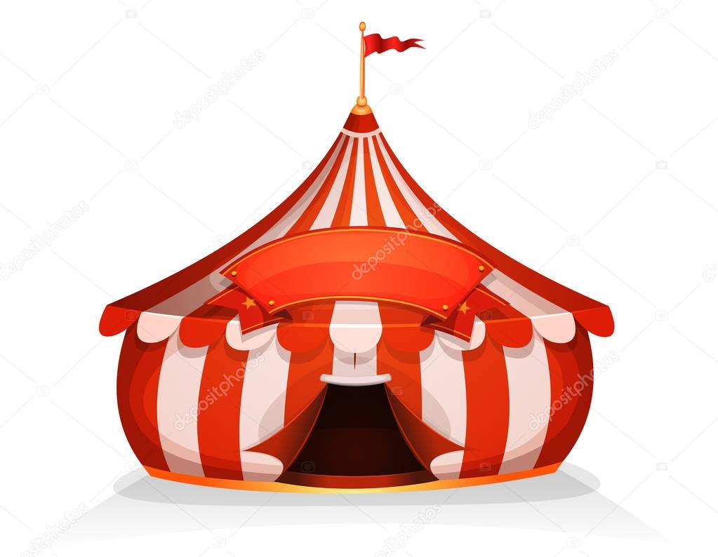 Cartoon white and red big top circus tent with marquee isolated on white background