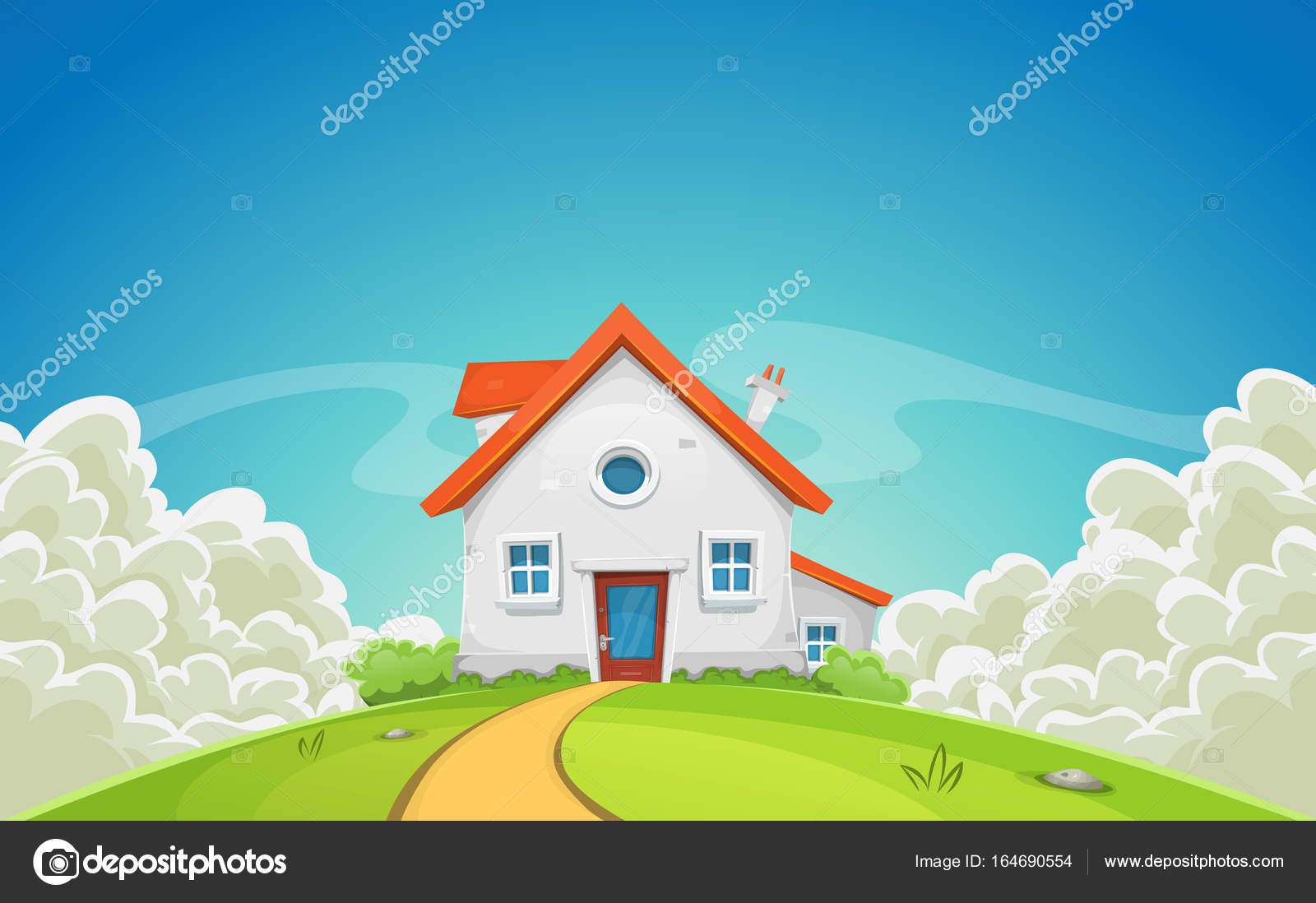 Cartoon Country House Fields Grass Blue Sky Clouds Background Stock Vector  Image by ©benchyb #164690554