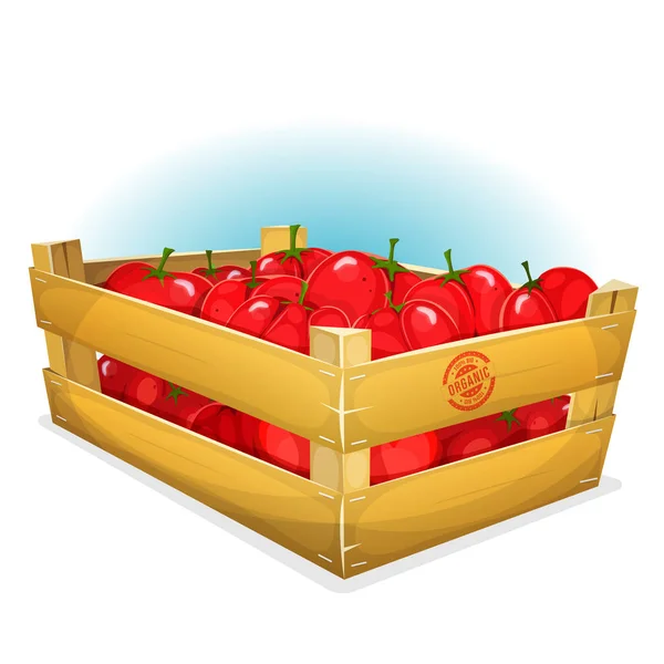 Cartoon Holzkiste Mit Roten Bio Tomaten — Stockvektor