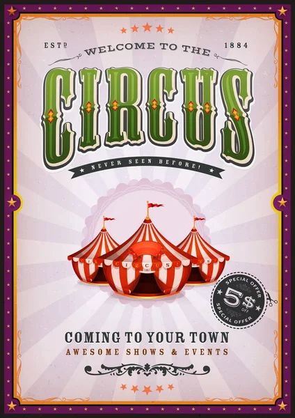 Ilustracja Vintage Circus Plakat Tło Zielone Fioletowe Kolory Kwiatowe Wzory — Wektor stockowy