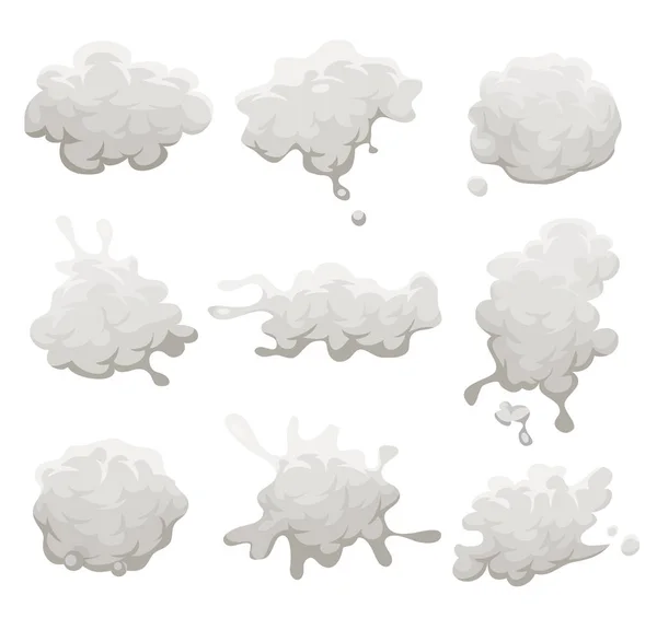 Set Van Cartoon Grijze Wolken Rook Ontploffing Splatter Explosie Patronen — Stockvector