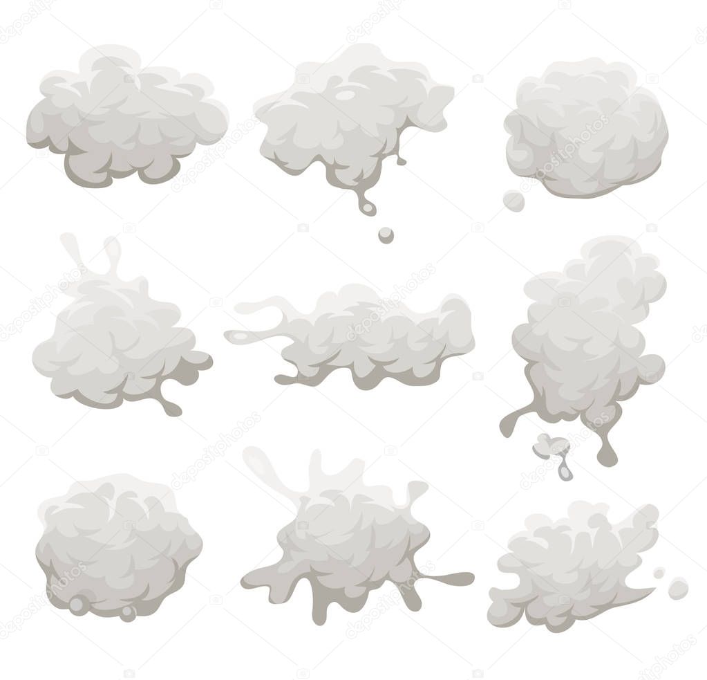 Set of cartoon grey clouds, smoke, blast, splatter and explosion patterns isolated on white background