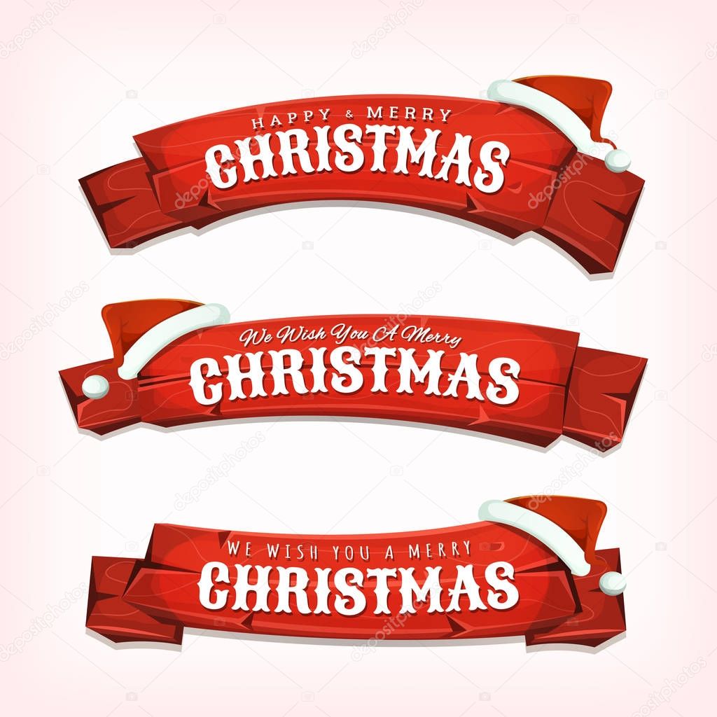 Merry Christmas Wishes On Red Wood Banners