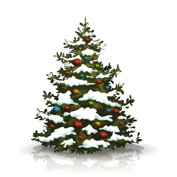 Árbol de pino de Navidad con nieve y bolas — Vector de stock