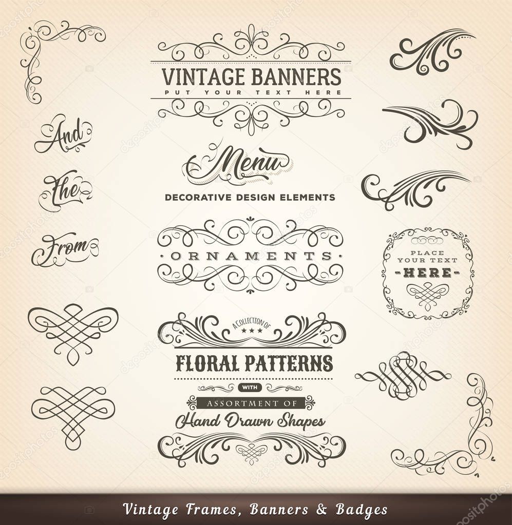 Set of vintage calligraphic design elements with floral shapes and old-fashioned frame design elements