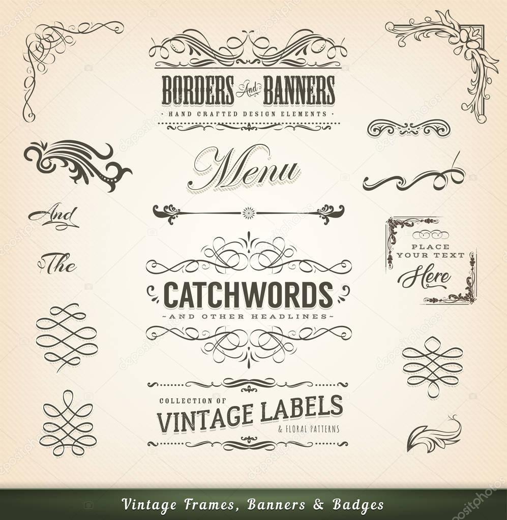 Set of vintage calligraphic design elements with floral shapes and old-fashioned frame design elements