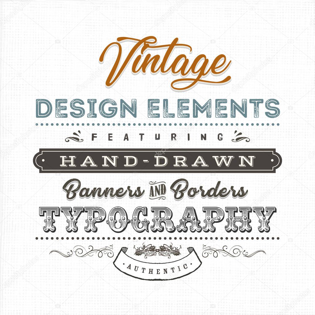 Vintage fabric textured background with typographic text, floral shapes and borders, hand-drawned banner and old-fashioned flourish design elements