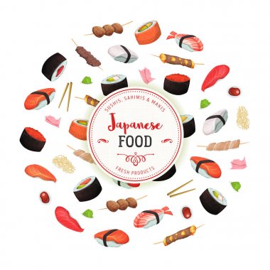 Çeşitli Japon yemek tarifleri, sushis, makis, sashimis dekoratif desen