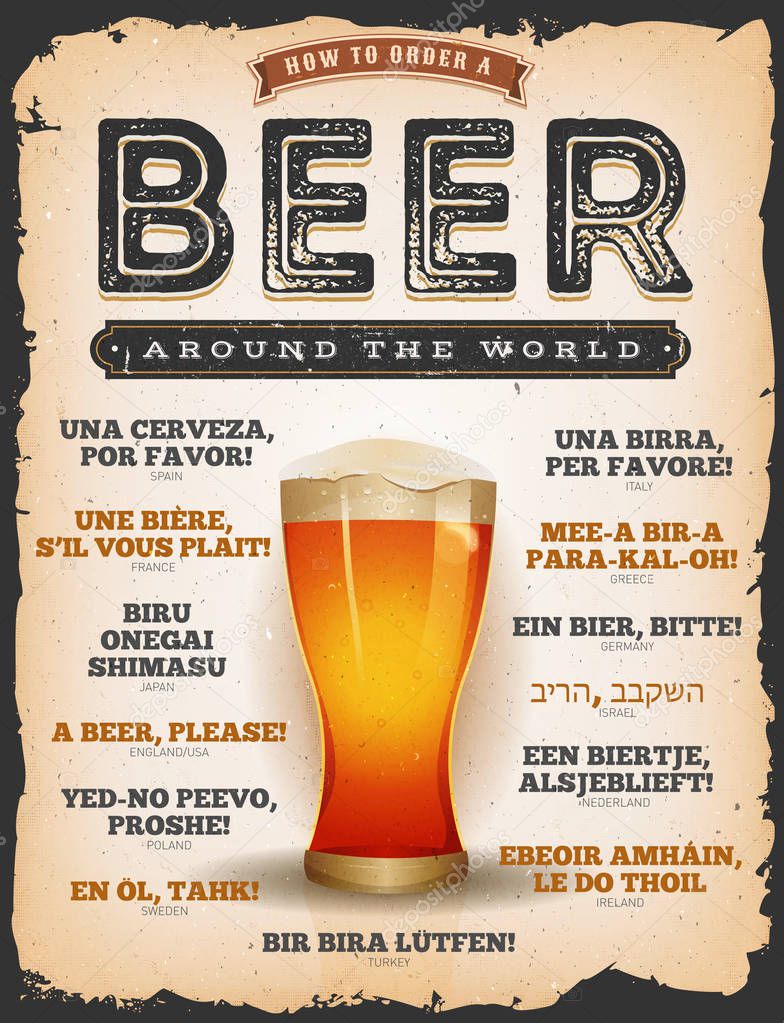 Vintage poster with grunge texture, mouth watering beer glass, and a beer please text in different languages.