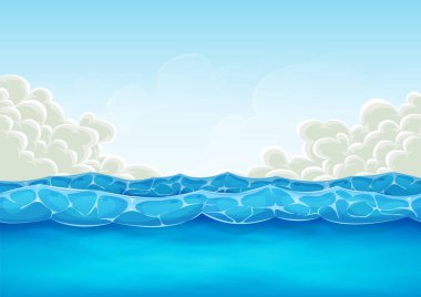 Manzara tatil tatiller yaz veya UI oyun için arka plan için karikatür geniş su dalgaları ve okyanus desen, çizim