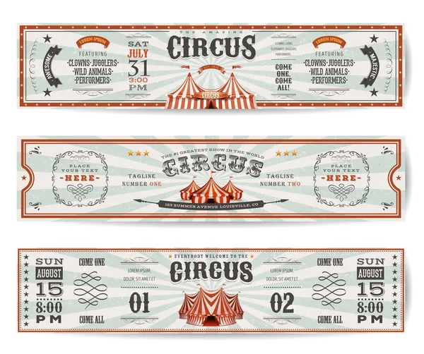 Illustration Uppsättning Retrodesign Cirkus Web Header Mallar Med Stora Topp — Stock vektor