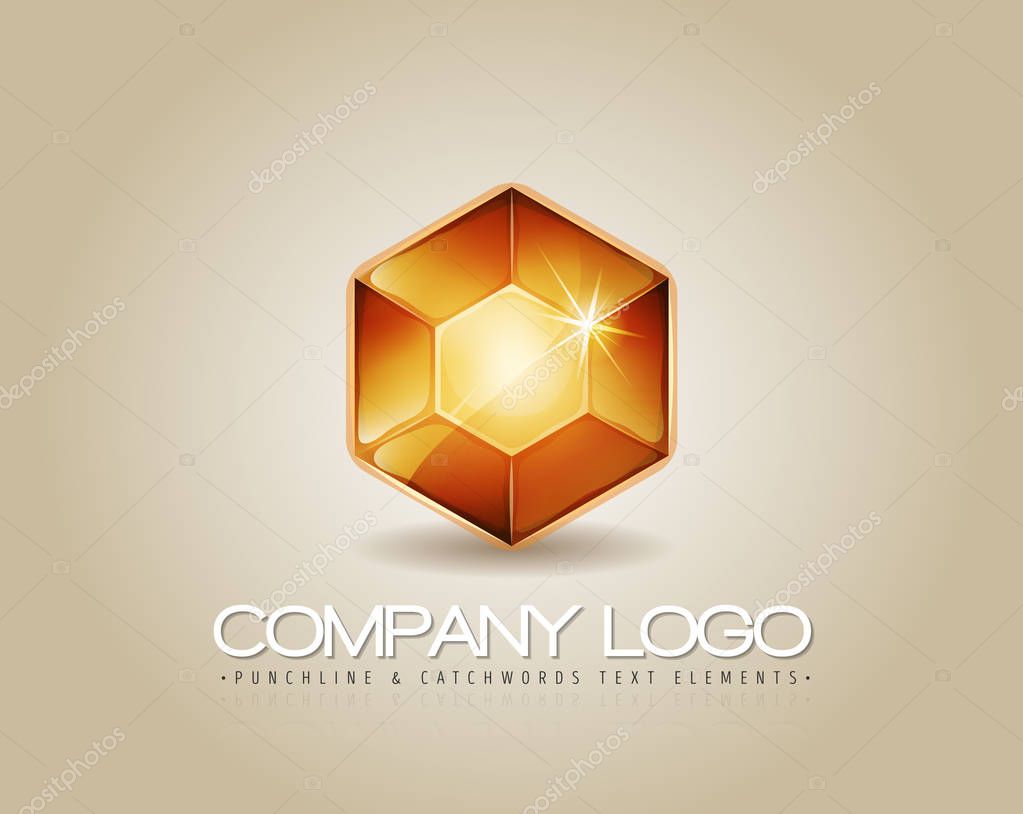 Illustration of a glossy and bright gemstone logotype, with text element on elegant brown background, for luxury company
