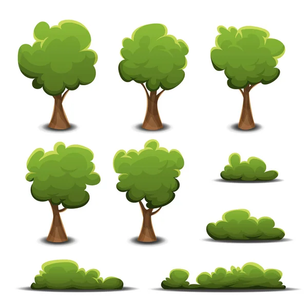 Conjunto Desenho Animado Árvores Florestais Verdes Arbustos Fundo Branco — Vetor de Stock