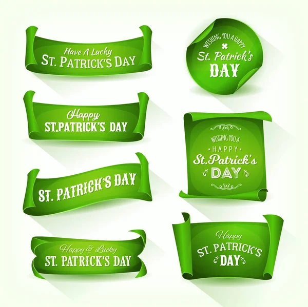 Conjunto Feliz Banner Dia São Patrício Pergaminho Pergaminho Verde Design — Vetor de Stock