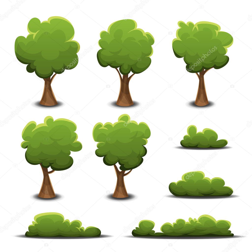 set of cartoon design green forest trees and bushes on white background