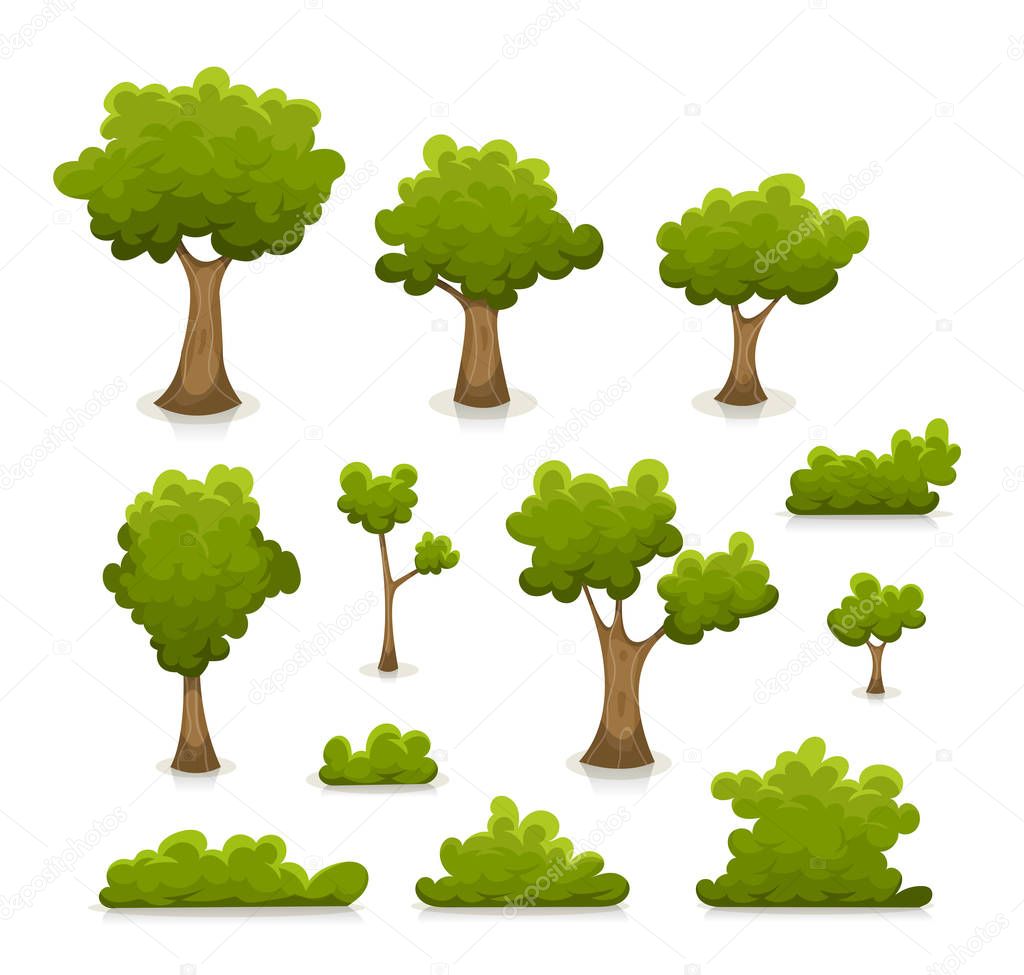 set of cartoon design green forest trees and bushes on white background