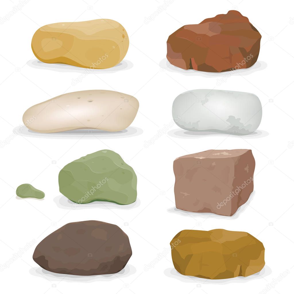 Set of various cartoon styled rocks, boulders, ore and minerals isolated on white background