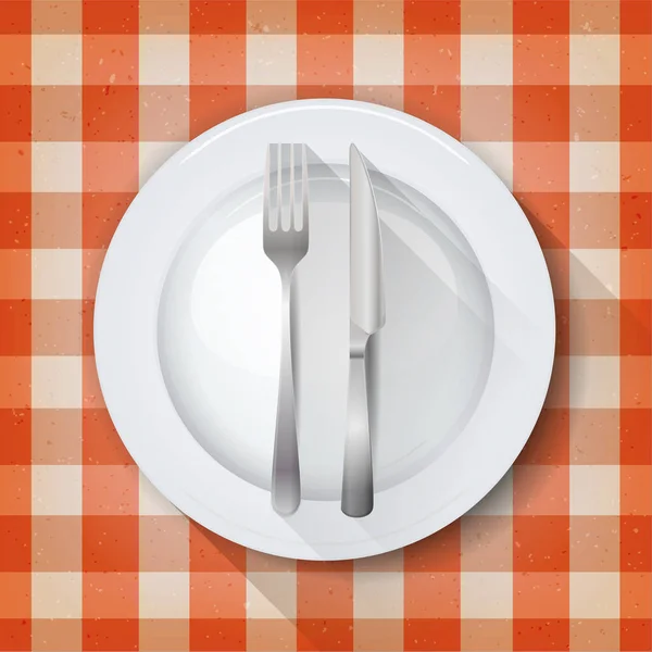 Table Setting Tablecloth Background Empty Plate Knife Fork — Stock Vector
