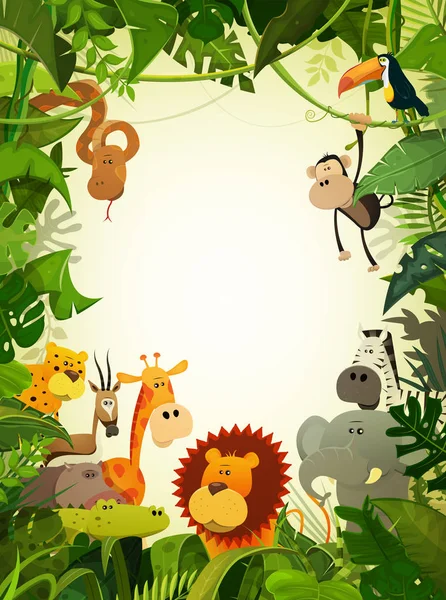 非洲大草原上的野生动物和丛林植物的框架 — 图库矢量图片