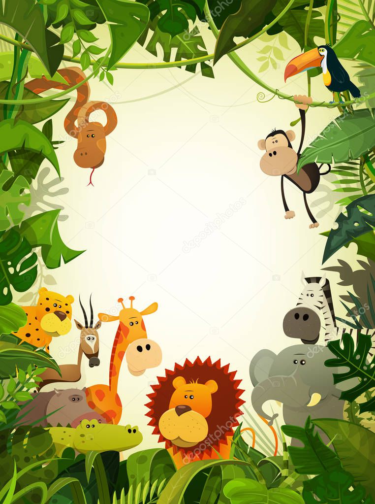 wild animals from African savannah and frame with jungle plants 