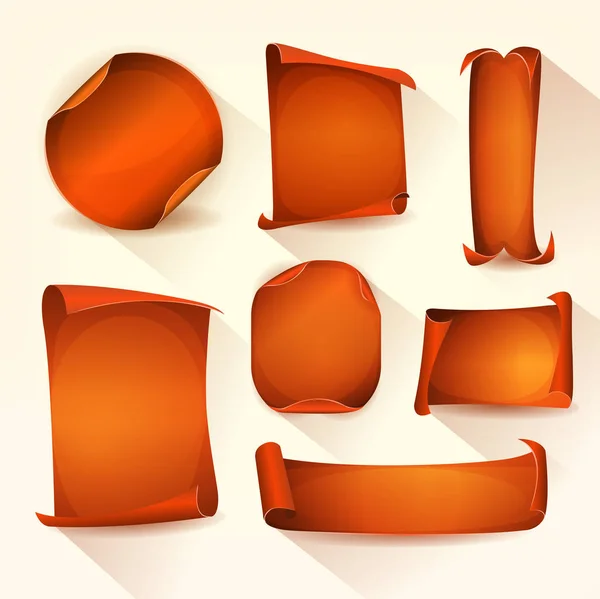 Sada Prázdné Oranžové Pergamenu Posouvá Papíry Bílém Pozadí — Stockový vektor