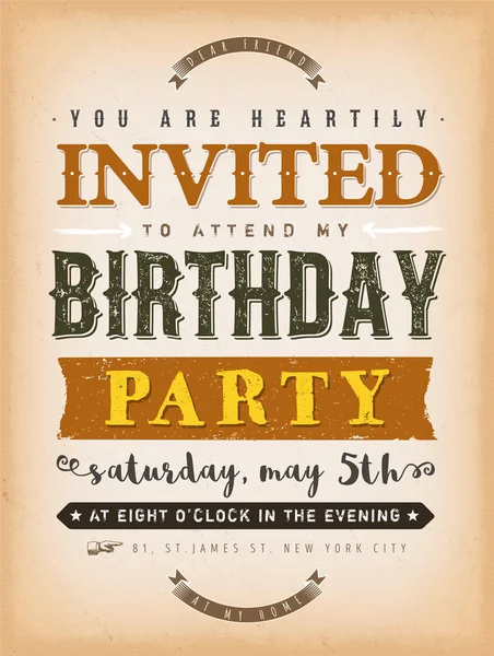 Vintage Régi Texturált Meghívót Születésnapi Party — Stock Vector