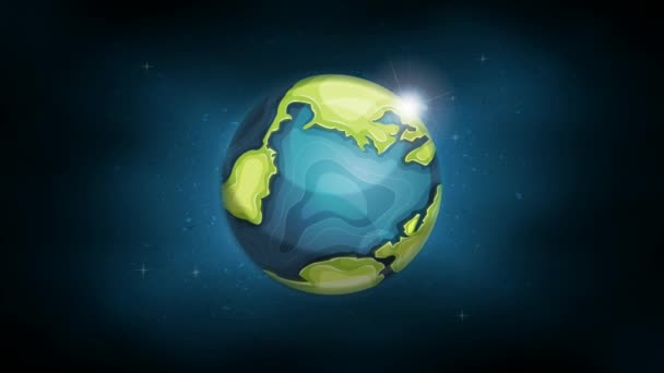地球行星背景动画 地球地球仪图标与大陆和海洋边界的插图 旋转在明亮的空间背景上 — 图库视频影像